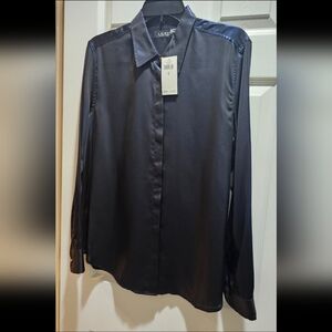 NWT Lauren Ralph Lauren Satin Button-Front Blouse Navy Size L
